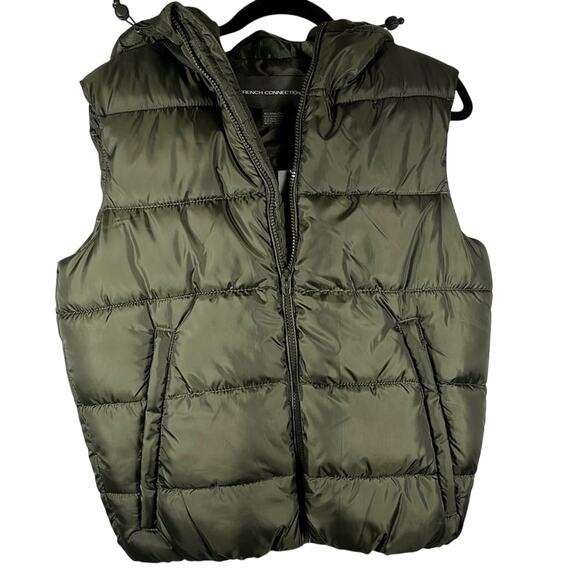 French Connection Marine Khaki Hooded Puffer Vest Size M, MSRP $ 118 - Picture 1 of 5